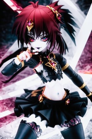 close_up,age21 anime doll,diamond anime-eyes,smug,athlete-body,hips,wearing sheer-chainmail,stomach,demon,black-lipstick,intricate, high_contrast_illumination, complex complimentary_colors,deep-garnet and gold,3D,Goth,miniskirt
