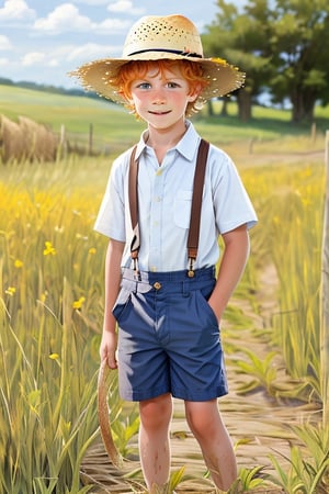 An Amish boy, 7-years-old, with ginger messy hair and freckles, wearing a straw hat, a shirt, suspenders and shorts, bare feet, playing outdoord in a field. 