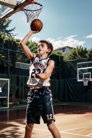 Boy, 12 years old, ginger messy hair, playing basket ball in the backyard of his home.