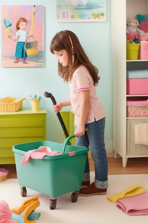 llustration of a young girl doing chores, soft pastel colors, cute kawaii style, child-friendly art by Mary Blair and Quentin Blake, detailed background with household objects and tasks, whimsical and playful.