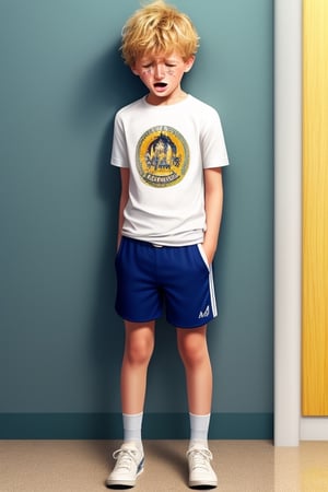 Boy, 12 years old, blond messy hair, wearing a t-shirt and shorts, crying, punished, standing in the corner, discipline.