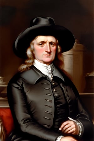 George Fox wearing a broabrimmed hat, plain Quaker clothing, 17th century England. Coloured Oil Painting.