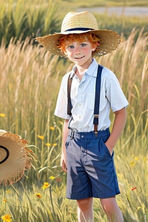 An Amish boy, 7-years-old, with ginger messy hair and freckles, wearing a straw hat, a shirt, suspenders and shorts, bare feet, playing outdoors in a field. 