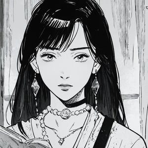  masterpiece, best quality, portrait, ultra detailed, 1 woman, highly detailed, perfect face, upper body, beautiful girl with a cute choker around her neck and a snake necklace, dark hair, curtain bangs, masterpiece, drinking tea and reading a book. urasawa style,urasawastyle