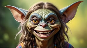 Color sketch. Masterpiece, Wallpaper. 16K. UHD. Best quality. High detail. photorealism. Dynamic plot. Expressive face. perfect anatomy,
Full height.
Gremlin. Hippie with happy expression, Theme background.