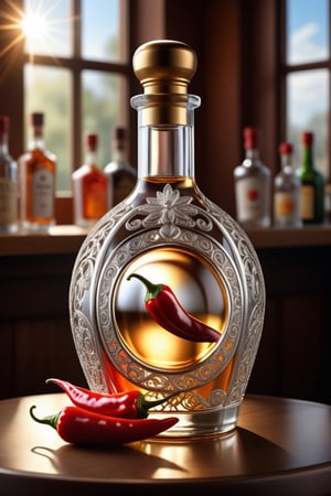 Digital art. 16K. UHD. The best quality, the smallest details, high detail, a masterpiece of professional photorealism. sculptural art, poignancy, realism overload, sun rays, close-up of delicate filigree glass, Hot pepper is depicted on the bottle.
Elite bottle "Pepper". Glamor. transparent vintage bottle of vodka on the bar table.
Fantastic background. transparent body, soft iridescence, shine, soft natural surround light, sharp focus, centered composition, professional photography, masterpiece. beautiful, detailed,