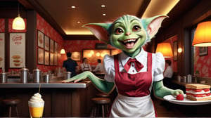 Color sketch. Masterpiece, Wallpaper. 16K. UHD. Best quality. High detail. photorealism. Dynamic plot. Expressive face. perfect anatomy,
Full height.
Gremlin. Cute Waitress with happy expression, Themed background.