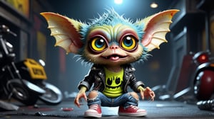 Wallpaper. Digital art. 16K. UHD. high quality, intricate parts, high detail, detailed anatomy. photorealism. Spray. Liquid.
Incredibly cute Gremlin with glowing big happy eyes. Dressed in torn and deformed clothes. DIY punk. ripped jeans and cargo pants. Biker.
ultra detailed, abstract, surreal, best quality, masterpiece, glow, splash,