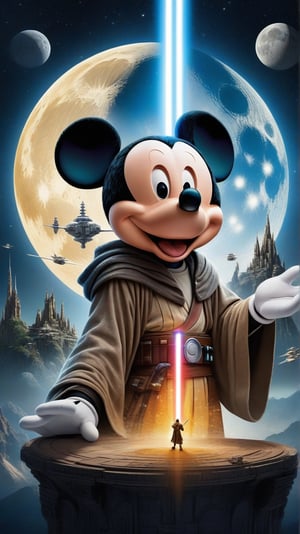 Masterpiece. Conceptual art. Double exposure collage. 16K. UHD. high quality, photorealism. Thematic background. Dynamic plot.
Adventure. Mickey Mouse Jedi. Star Wars style.
Fantasy. Mysticism. Fairy tale. Stunning full-color design, sharp focus, studio shooting, intricate details, high detail, detailed anatomy. Hyperrealism.