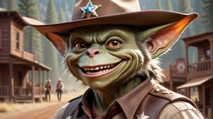 Color sketch. Masterpiece, Wallpaper. 16K. UHD. Best quality. High detail. photorealism. Dynamic plot. Expressive face. perfect anatomy,
Full height.
Gremlin. Sheriff with a happy expression, Theme background. Wild West.