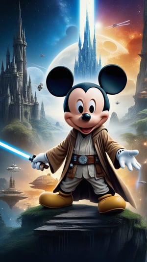 Masterpiece. Conceptual art. Double exposure collage. 16K. UHD. high quality, photorealism. Thematic background. Dynamic plot.
Adventure. Mickey Mouse Jedi. Star Wars style.
Fantasy. Mysticism. Fairy tale. Stunning full-color design, sharp focus, studio shooting, intricate details, high detail, detailed anatomy. Hyperrealism.