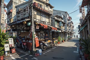 architecture, building, (shophouse), cityscape, scenery, Southeast Asia, George Town, Penang, vintage, historical, heritage, orange tiled roof, pedestrian arcade, narrow facade, long windows, people, crowd, street vendors, road, perfect proportions, perfect perspective, 8k, masterpiece, best quality, high_resolution, high detail, photorealistic, motorcycle, bike, nightmarket, sunset,Historical Taiwanese Temple, metal steel building,Lukang Longshan Temple