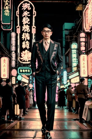 portrait of an asian man, 1920s, (gentleman, stylish, facial hair, stubble, glasses), full body, male focus, Historical Taiwanese Temple background, Shophouse, street, cityscape, subtropical environment, highest quality, detailed and intricate, masterpiece, neon_nouveau, Art Deco, Futuristic Deco, Neon Elegance, Cyber-Vintage, Techno-Glam, Neon Revival