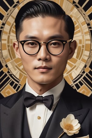 A portrait of an Asian man, short hair, undercut, back slick hair, facial hair, glasses, 1920s, Taishō Roman, gentleman, suit and tie, masculine, stardom, beautiful, glamorous,
, art deco, retro, old fashioned, 
looking at viewer, eye contact, vibrant, vivid, (background of fabric with black&gold&tan art-deco abstract geometric flowers), old technicolor film style, film grain, aged film stock, insanely detailed, masterpiece, extraordinary achievement, award-winning