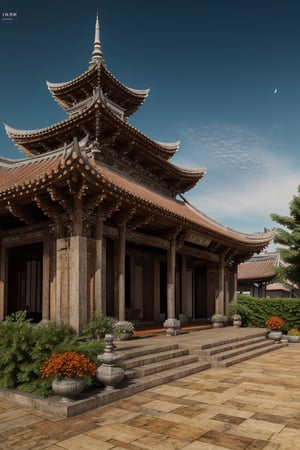 architecture, landscape, scenery, east asian architecture, court, atrium, (Taiwanese temple, Hokkien architecture, Southern Min architecture) East Asia, vintage, historical, heritage, trational, ancient, wooden structure,  (orange tiled roof, upward curve ridge roof), best quality, masterpiece, <(realistic:1.3), intricate details>, 8k, RAW photo, scenery, (hdr:1.25), (intricate details:1.14), (hyperrealistic 3d render:1.16), (filmic:0.55), (outdoor:1.5), multiple temples, historical old cityscape, subtropical environment, rustic, stone base, brick wall, moon gate, cyber_asia,((isometric))