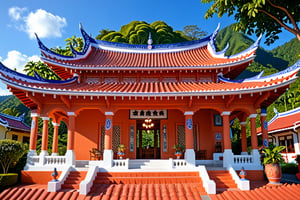 cityscape, crowd, people, buildings, taiditional Taiwanese village, (Taiwanese temple, Hokkien architecture), Southern Min building, trees, East Asia, vintage, historical, heritage, Taipei Longshan temple, Taiwan, trational, temple, tile roof, upward curve ridge roof, blue sky, perfect proportions, perfect perspective, 32k, masterpiece, ultra realistic, best quality, hyperrealistic, photorealistic, madly detailed photo, orange tile roof,art_booster,more detail XL, vintage photo, historical