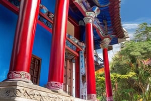 landscape, cityscape, buildings, taiditional Taiwanese village, narrow city, (Taiwanese temple, Hokkien architecture, Chien-nien), Southern Min building, trees, East Asia, vintage, historical, heritage, Lukang Longshan temple, Taiwan, trational, temple, tile roof, upward curve ridge roof, blue sky, perfect proportions, perfect perspective, 8k, masterpiece, best quality, photorealistic, 
 high detail, japanese art