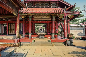 architecture, landscape, scenery, east asian architecture, Lukang Longshan temple, (Taiwanese temple, Hokkien architecture, Southern Min architecture) East Asia, vintage, historical, heritage, trational, ancient, wooden structure, orange tiled roof, upward curve ridge roof, trees, (ukiyo-e)