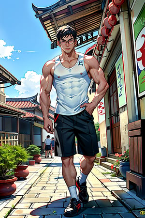 (1 boy, Asian man, Taiwanese man:1.5), ((male focus)), 25 years old, looking outside, handsome, stubble, round glasses, confidence, intense gaze, pure white tank top, black shorts, white socks,  perfect proportions, perfect perspective, cinematic lighting, film photography, (portrait, headshot, close-up:1.4, subtropical environment, scenery, historical, heritage, rustic, (Taiwanese temple background, Historical Taiwanese Temple, Lukang Longshan Temple:1.2), Hokkien architecture, (orange tiled roof, upward curve ridge roof), stone base, red brick wall, trees, blue sky,Muscle,Asian man