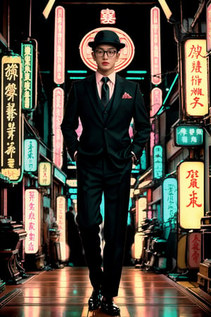 portrait of an asian man, 1920s, (gentleman, mature, masculine, stylish, goatee, stubble, necktie glasses, boater hat), full body, male focus, Historical Taiwanese Temple background, Shophouse, street, cityscape, subtropical environment, highest quality, detailed and intricate, masterpiece, neon_nouveau, Art Deco, Futuristic Deco, Neon Elegance, Cyber-Vintage, Techno-Glam, Neon Revival