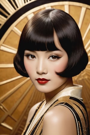 A portrait of an Asian woman, bob hair, bangs, 1920s, Taishō Roman, modan garu, flapper girl, stardom, beautiful, glamorous,
in the style of Tamara de Lempicka, art deco, retro, old fashioned, 
looking at viewer, eye contact, vibrant, vivid, (background of fabric with black&gold&tan art-deco abstract geometric flowers), photography, old Technicolor film style, film grain, aged film stock, insanely detailed, masterpiece, extraordinary achievement, award-winning