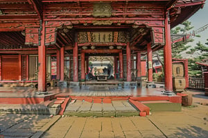 architecture, landscape, scenery, east asian architecture, Lukang Longshan temple, (Taiwanese temple, Hokkien architecture, Southern Min architecture) East Asia, vintage, historical, heritage, trational, ancient, wooden structure, orange tiled roof, upward curve ridge roof, trees, (ukiyo-e)