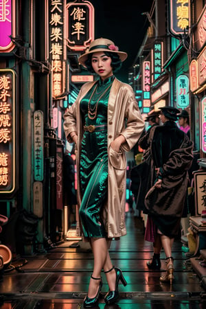 portrait of an asian woman,1920s, (flapper girl, modan garu, finger wave hair, overcoat, cloche hat), full body, female focus, Historical Taiwanese Temple background, Shophouse, street, cityscape, subtropical environment, highest quality, detailed and intricate, masterpiece, neon_nouveau, Art Deco, Futuristic Deco, Neon Elegance, Cyber-Vintage, Techno-Glam, Neon Revival,Masterpiece