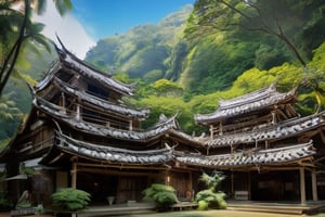 landscape, cityscape, buildings, taiditional Taiwanese village, narrow city, (Taiwanese temple, Hokkien architecture, Chien-nien), Southern Min building, trees, East Asia, vintage, historical, heritage, Lukang Longshan temple, Taiwan, trational, temple, tile roof, wide roof, upward curve ridge roof, blue sky, perfect proportions, perfect perspective, 8k, masterpiece, best quality, high_resolution, high detail, japanese art,Delfino_Plaza