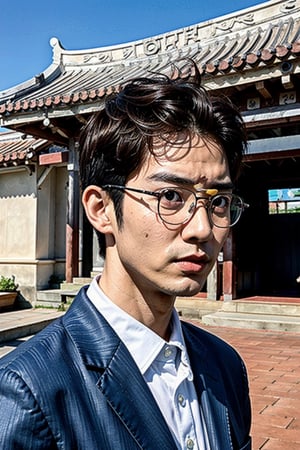 (1 boy, Asian man, Taiwanese man:1.1), ((male focus)), mature, looking outside, unique personality, chill, flighty, charming, stylish, dashing, short hair, handsome, ((facial hair, stubble}), round glasses, confidence, intense gaze, damask collared shirt, perfect proportions, perfect perspective, cinematic lighting, film photography, (portrait, headshot, close-up:1.4, subtropical environment, scenery, historical, heritage, rustic, (Taiwanese temple background, Historical Taiwanese Temple, Lukang Longshan Temple:1.2), Hokkien architecture, (orange tiled roof, upward curve ridge roof), stone base, red brick wall, trees, blue sky, Muscle,Asian man