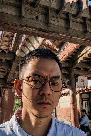 Asian man, glasses, handsome, masculine, manly, (stubble:1.3), muscle, cheongsam, long sleeves, (male focus), perfect proportions, perfect perspective, cinematic lighting, film photography, ((portrait, headshot, close-up)), subtropical environment, historical old temple background, scenery, buildings, taiditional, historical, heritage, rustic, , multiple temples, court, atrium, Taiwanese temple, Hokkien architecture, (orange tiled roof, upward curve ridge roof, wooden structure), stone base, red brick wall, trees, blue sky,Masterpiece