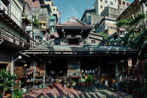 architecture, landscape, scenery, east asian architecture, court, atrium, (Taiwanese temple, Hokkien architecture, Southern Min architecture) East Asia, vintage, historical, heritage, trational, ancient, wooden structure, (orange tiled roof, upward curve ridge roof), best quality, masterpiece, (outdoor:1.5), multiple temples, historical old cityscape, subtropical environment, rustic, stone base, brick wall, CyberpunkWorld, night, neon, big roof, long roof, 1920s shophouses, artdeco facede, pedestrian arcade,neon_nouveau,metal steel building