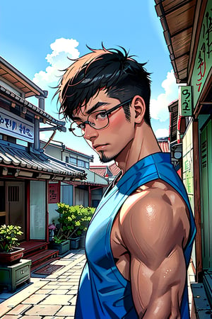 (1 boy, Asian man, Taiwanese man:1.5), ((male focus)), 25 years old, looking outside, handsome, stubble, round glasses, confidence, intense gaze, pure white simple tank top, (upperbody, close-up), perfect proportions, perfect perspective, cinematic lighting, film photography, (portrait, headshot, close-up:1.4, subtropical environment, scenery, (Taiwanese temple background, Historical Taiwanese Temple, Lukang Longshan Temple:1.2), Hokkien architecture, (orange tiled roof, upward curve ridge roof), stone base, red brick wall, trees, blue sky,Muscle, Asian man