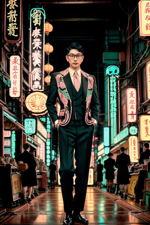 portrait of an asian man, 1920s, (gentleman, stylish, facial, glasses), full body, male focus, Historical Taiwanese Temple background, Shophouse, street, cityscape, subtropical environment, highest quality, detailed and intricate, masterpiece, neon_nouveau, Art Deco, Futuristic Deco, Neon Elegance, Cyber-Vintage, Techno-Glam, Neon Revival