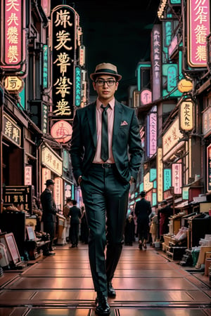 portrait of an asian man, 1920s, (gentleman), (mature, masculine, stylish, goatee, stubble:1.2), (necktie glasses, boater hat), full body, male focus, Historical Taiwanese Temple background, Shophouse, street, cityscape, subtropical environment, highest quality, detailed and intricate, masterpiece, neon_nouveau, Art Deco, Futuristic Deco, Neon Elegance, Cyber-Vintage, Techno-Glam, Neon Revival,Masterpiece