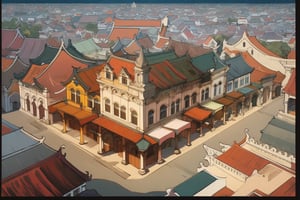architecture, building, (shophouse), (aerial photography, cityscape, isometric), scenery, Southeast Asia, George Town, Penang, vintage, historical, heritage, orange tiled roof, pedestrian arcade, narrow facade, long windows, road, perfect proportions, perfect perspective, 8k, masterpiece, best quality, high_resolution, high detail, photorealistic, midday, Masterpiece,(best quality