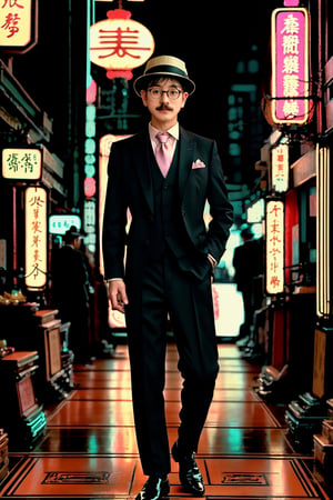 portrait of an asian man, 1920s, (gentleman, mature, stylish, facial hair, stubble, necktie glasses, boater hat), full body, male focus, Historical Taiwanese Temple background, Shophouse, street, cityscape, subtropical environment, highest quality, detailed and intricate, masterpiece, neon_nouveau, Art Deco, Futuristic Deco, Neon Elegance, Cyber-Vintage, Techno-Glam, Neon Revival