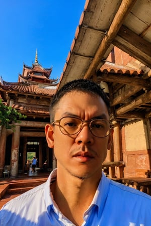 Asian man, glasses, handsome, masculine, manly, (stubble:1.3), muscle, white collared shirt, long sleeves, (male focus), perfect proportions, perfect perspective, cinematic lighting, film photography, ((portrait, headshot, close-up)), subtropical environment, historical old temple background, scenery, buildings, taiditional, historical, heritage, rustic, , multiple temples, court, atrium, Taiwanese temple, Hokkien architecture, (orange tiled roof, upward curve ridge roof, wooden structure), stone base, red brick wall, trees, blue sky,Masterpiece