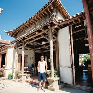 Asian man, glasses, handsome, stubble, muscle, white tank top, male focus, perfect proportions, perfect perspective, cinematic lighting, film photography, (portrait, headshot), subtropical environment, landscape, historical old cityscape, scenery, buildings, taiditional, historical, heritage, rustic, temple, multiple temples, court, atrium, (Taiwanese temple, Hokkien architecture), (orange tiled roof, upward curve ridge roof), stone base, red brick wall, trees, blue sky