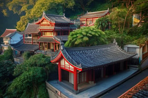 landscape, cityscape, buildings, taiditional Taiwanese village, narrow city, (Taiwanese style temple focus:1.3), (Hokkien architecture:1.3), (Chien-nien, Qianci), Southern Min building, trees, East Asia, Taiwan, vintage, historical, heritage, Lukang Longshan temple, trational, temple, orange-red tile roof, wide roof, upward curve ridge roof, blue sky, perfect proportions, perfect perspective, 8k, masterpiece, best quality, high_resolution, high detail, photorealistic