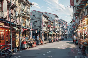 architecture, building, (shophouse), cityscape, scenery, Southeast Asia, George Town, Penang, vintage, historical, heritage, orange tiled roof, pedestrian arcade, narrow facade, long windows, people, crowd, street vendors, road, perfect proportions, perfect perspective, 8k, masterpiece, best quality, high_resolution, high detail, photorealistic, motorcycle, bike, nightmarket, day, Masterpiece,metal steel building