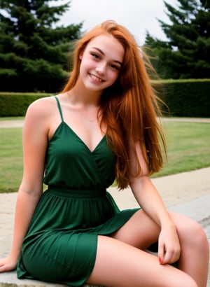 photo of а teenage girl, (ginger hair), long hair, park, smile, sitting, posing, skinny, green dress, teen, instagram photo,  whole body, dramatic background, teenage body, realistic optic, makeup, manicure, perfect cute face, perfect eyes, sexy, perfect teeth, white skin with freckels, better_hands,Realism,Epic,