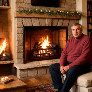 a man of European appearance, sitting in a cozy room with a fireplace, looking at the fireplace