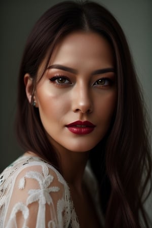 Realistic women 25 years old,
model photoshoot, closeup, Color raw digital portrait photo of a woman, brown permed hair, gren ayes, content expression, fine embroidered maroon deep top, elegant white skirt, film grain, grainy, award-winning photo, absurdres, masterpiece
,photorealistic
