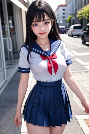 super cute loli face, 
very beautiful loli girl, 
(sparkling clear attractive large eyes:1.2), cheerful,
9 yo,
long straight hair, 
detailed beautiful eyes,
realistic photgraph,
(dark blue sailor high school uniforms pleated skirt:1.1),
(costume exposing only the bulges of the two breasts:1),
(both breasts exposed:1.2),
(costume with two holes to protrude breast bulge:1),
(costume with cut-outs for breasts only:1.1),
costume with cut-outs only for the two breast bulges:1.1),
(nsfw:1.1),
in the street