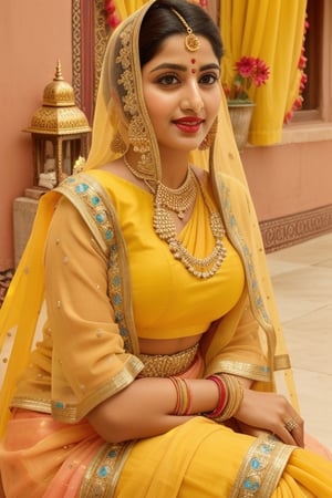 beautiful Indian 24 year girl , looking_at_camera, closeup  , on bar standing , red hair, cute face smile , tight boobs , full length pic one side pose, rajsthani traditional dress, realistic body skin, royal looking rajsthani princess , body skin texture, face glow, atrective face, toxic eyes, round face, boobs size 46, tight stomach, abs on stomach,tight boobs, half cleavage visible,clothes texture good , brown eyes, looking forward, eyes people front look, image background , beautiful rajsthani traditional village woman , wearing red golden rajasthani bra type blause, yellow pink rajasthani lehnga, stomach visible, heavy jewellery, long hairs, cute smile, shiny eyes,prity eyebrow ,nice shape body,  crossed hand, full length body, sitting in image , 8k render, realistic portrait of an Indian girl with a muscular body, showcasing natural spots, taut skin, in a confident sitting pose, adorned in traditional Rajasthani princess attire, emphasizing realism and cultural authenticity, royal rajwadi background, palace in background, traditional Indian dress, realistic, smiley face, glow face, little bit fatty face, red dress colour, pink lipstick, bold lips, dress colour same like image, dressing like image, standing pose like image all specifications like image, rajwadi jwellery pandent, necklace, realistic.