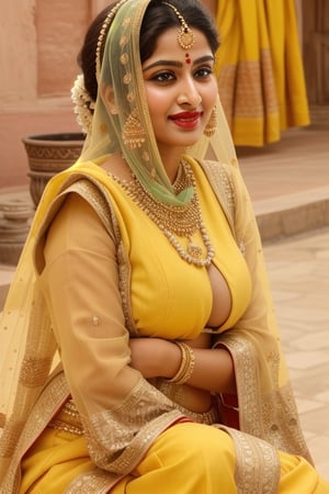 beautiful Indian 24 year girl , looking_at_camera, closeup  , on bar standing , red hair, cute face smile , tight boobs , full length pic one side pose, rajsthani traditional dress, realistic body skin, royal looking rajsthani princess , body skin texture, face glow, atrective face, toxic eyes, round face, boobs size 46, tight stomach, abs on stomach,tight boobs, half cleavage visible,clothes texture good , brown eyes, looking forward, eyes people front look, image background , beautiful rajsthani traditional village woman , wearing red golden rajasthani bra type blause, deep cut blause, yellow pink rajasthani lehnga, stomach visible, heavy jewellery, long hairs, cute smile, shiny eyes,prity eyebrow ,nice shape body,  crossed hand, full length body, sitting in image , 8k render, realistic portrait of an Indian girl with a muscular body, showcasing natural spots, taut skin, in a confident sitting pose, adorned in traditional Rajasthani princess attire, emphasizing realism and cultural authenticity, royal rajwadi background, palace in background, traditional Indian dress, realistic, smiley face, glow face, little bit fatty face, red dress colour, pink lipstick, bold lips, dress colour same like image, dressing like image, standing pose like image all specifications like image, rajwadi jwellery pandent, necklace, realistic.