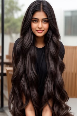 Lovely cute young attractive indian  girl, 25 years old, cute model, long black_hair, black  hair, They are wearing black top, and she is sitting in coffee shop, realistic smiley face,long face, dimple on cheek, body figure tight boobs size 20, bottom 21, fluppy cheeks, looking closely,