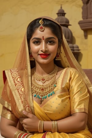 beautiful Indian 24 year girl , looking_at_camera, closeup  , on bar standing , red hair, cute face smile , tight boobs , full length pic one side pose, rajsthani traditional dress, realistic body skin, royal looking rajsthani princess , body skin texture, face glow, atrective face, toxic eyes, round face, boobs size 46, tight stomach, abs on stomach,tight boobs, half cleavage visible,clothes texture good , brown eyes, looking forward, eyes people front look, image background , beautiful rajsthani traditional village woman , wearing red golden rajasthani bra, yellow pink rajasthani lehnga, stomach visible, heavy jewellery, long hairs, cute smile, shiny eyes,prity eyebrow ,nice shape body,  crossed hand, full length body, sitting in image , 8k render, realistic portrait of an Indian girl with a muscular body, showcasing natural spots, taut skin, in a confident sitting pose, adorned in traditional Rajasthani princess attire, emphasizing realism and cultural authenticity, royal rajwadi background, palace in background, traditional Indian dress, realistic, smiley face, glow face, little bit fatty face, red dress colour, pink lipstick, bold lips, dress colour same like image, dressing like image, standing pose like image all specifications like image, rajwadi jwellery pandent, necklace, realistic.