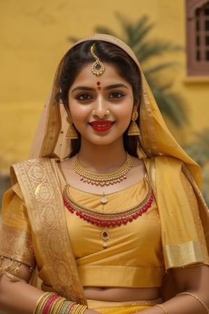 beautiful Indian 24 year girl , looking_at_camera, closeup  , on bar standing , red hair, cute face smile , tight boobs , full length pic one side pose, rajsthani traditional dress, realistic body skin, royal looking rajsthani princess , body skin texture, face glow, atrective face, toxic eyes, round face, boobs size 46, tight stomach, abs on stomach,tight boobs, half cleavage visible,clothes texture good , brown eyes, looking forward, eyes people front look, image background , beautiful rajsthani traditional village woman , wearing red golden rajasthani bra type blause, yellow pink rajasthani lehnga, stomach visible, heavy jewellery, long hairs, cute smile, shiny eyes,prity eyebrow ,nice shape body,  crossed hand, full length body, sitting in image , 8k render, realistic portrait of an Indian girl with a muscular body, showcasing natural spots, taut skin, in a confident sitting pose, adorned in traditional Rajasthani princess attire, emphasizing realism and cultural authenticity, royal rajwadi background, palace in background, traditional Indian dress, realistic, smiley face, glow face, little bit fatty face, red dress colour, pink lipstick, bold lips, dress colour same like image, dressing like image, standing pose like image all specifications like image, rajwadi jwellery pandent, necklace, realistic.