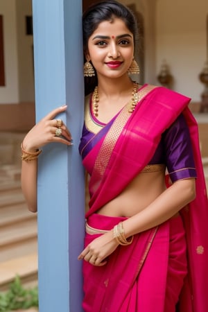 beautiful Indian 24 year girl , looking_at_camera, closeup  , on bar standing , red hair, cute face smile , tight boobs , full length pic one side pose, sarees , realistic body skin, royal looking  princess , body skin texture, face glow, attractive face, toxic eyes, round face, boobs size 46, tight stomach, abs on stomach,tight boobs, half cleavage visible,clothes texture good , brown eyes, looking forward, eyes people front look, image background , beautiful  traditional village woman , wearing red saree wet, swimming pool in wetted saree,back side knotted blause, transparent clothes, wetted hair, stomach visible, heavy jewellery, long hairs, cute smile, shiny eyes,prity eyebrow ,nice shape body,  crossed hand, full length body, sitting in image , 8k render, realistic portrait of an Indian girl with a muscular body, showcasing natural spots, taut skin, in a confident sitting pose, adorned in traditional Rajasthani princess attire, emphasizing realism and cultural authenticity, royal rajwadi background, palace in background, traditional Indian dress, realistic, smiley face, glow face, little bit fatty face, red dress colour, pink lipstick, bold lips, dress colour same like image, dressing like image, standing pose like image all specifications like image, rajwadi jwellery pandent, necklace, realistic.